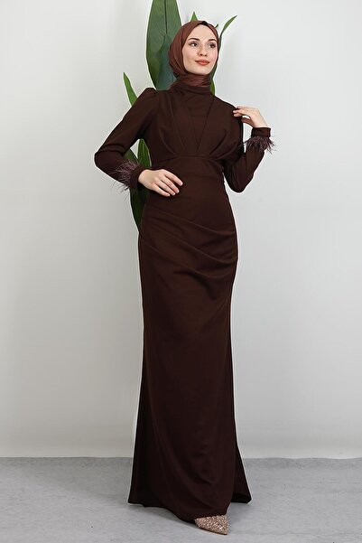 GİYZAMİLA Fur Sleeve Pleated Detail Dress Brown