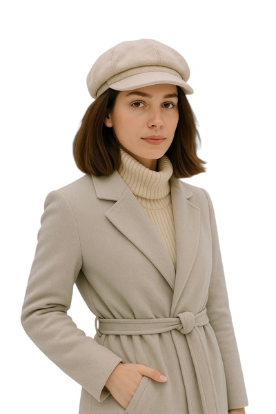 Hayalet قبعة نسائية من القطيفة موديل كابتن باللون البيج الفاتح - قبعة شتوية ذ...