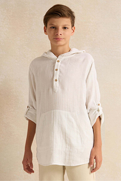 REDTAG Senior Boys White Hooded Kangaroo Pocket Shirt