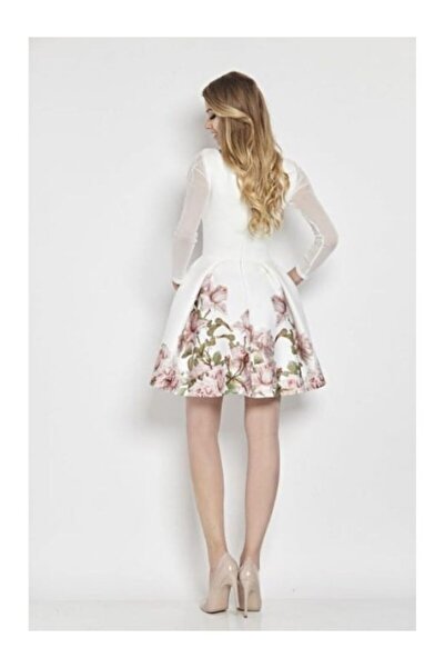 Betty M White floral short baby doll scuba cocktail dress with long mesh sleeves