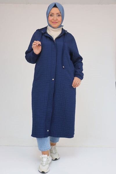 Eslina 53043 Büyük Beden Yakalı Modal-Kapitone Kap - İndigo