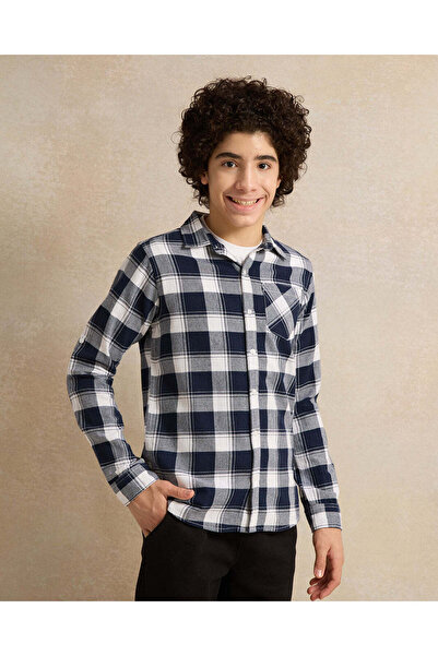 REDTAG Senior Boys Navy Checkered Shirt With White Printed T-Shirt (2 Piece)
