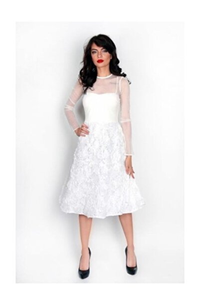 Betty M Rochie de ocazie alba midi baby doll din tulle cu trandafirasi in relief