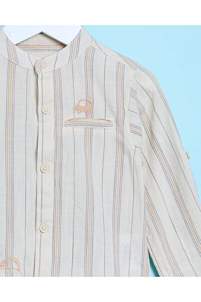REDTAG Infant Boys Beige Striped Mandarin Collar Shirt