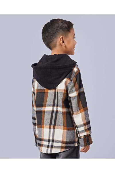 REDTAG Boys Brown Flannel Check Detachable Hooded Shirt
