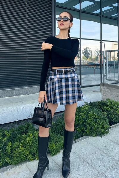 Nazliye Ekose Pileli Şort Etek