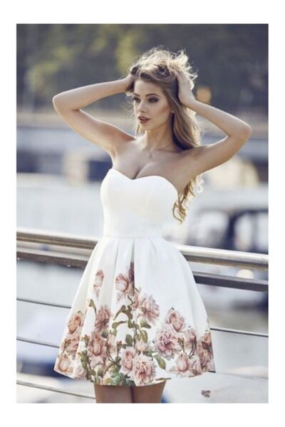 Betty M White cocktail dress with flowers short baby doll in scuba