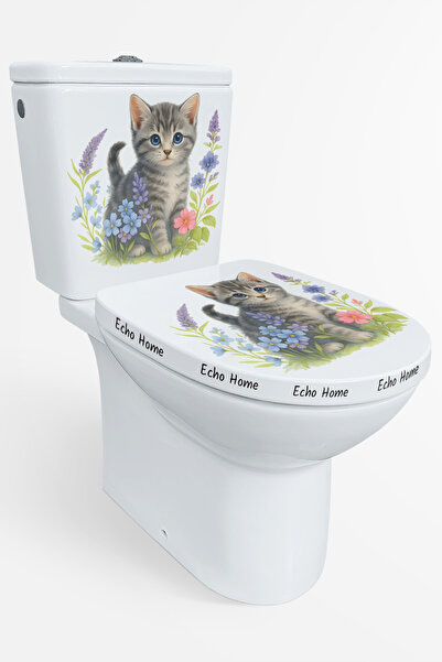 Echo Home Klozet Sticker Sevimli Kedi ve Çiçek Desenli Suya Dayanıklı Çıkarılabilir Banyo Dekoru