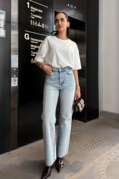 Nazliye Açık Mavi Fiyonk Taşlı Premium Jean