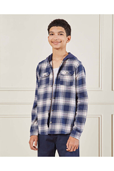 REDTAG Senior Boys Blue Checkered Hooded Shirt