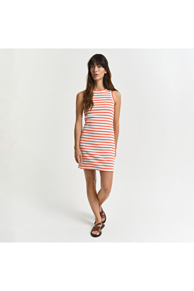 Gant Kadın Turuncu Slim Fit Bisiklet Yaka Çizgili Elbise
