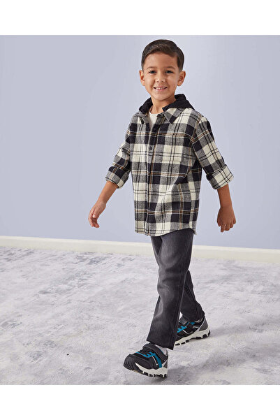 REDTAG Boys Beige Flannel Check Detachable Hooded Shirt