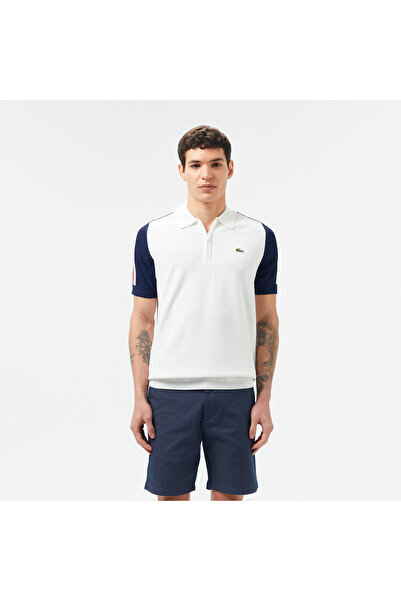 Lacoste Erkek Kısa Kollu Yarım Fermuarlı Renk Bloklu Beyaz Triko