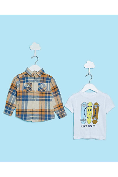 REDTAG Infant Boys Assorted Flannel Shirts With T-Shirt (2 Piece)