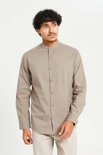 REDTAG Men Beige Mandarin Collar Long Sleeve Shirt