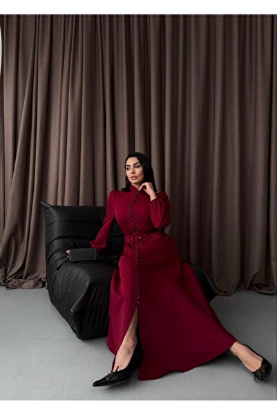 MSN Atlas Fabric Dress with Front Belt (Including Belt) Burgundy -2511