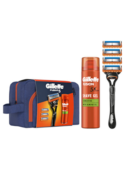 Gillette Set cadou Fusion: Aparat de ras cu mâner + 3 cartușe + Gel de ras Fusion Ultra Sensitive 200