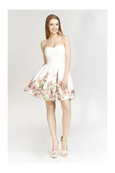 Betty M White cocktail dress with flowers short baby doll in scuba