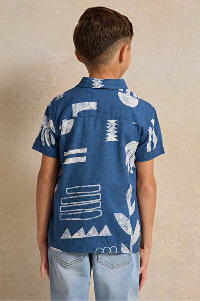 REDTAG Boys Blue Linen Allover Print Shirt