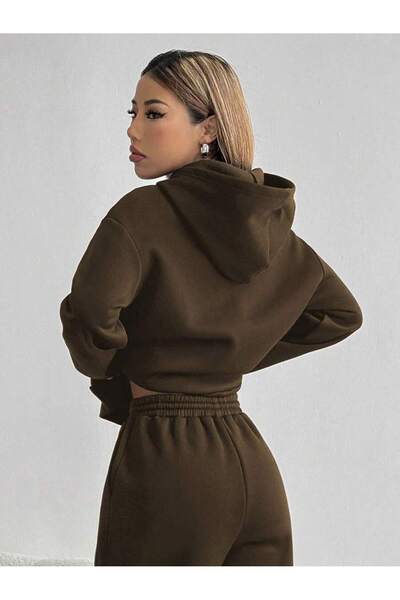 LEONE KOLEKSİYON Women's Brown Hooded Two Thread Suit – High Waist Comfortable Fit