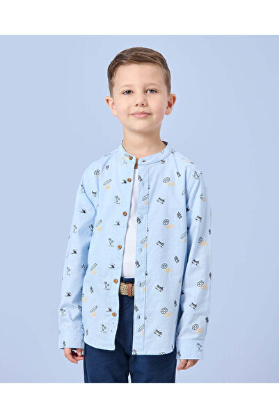REDTAG Boys Blue Printed Mandarin Collar Shirt