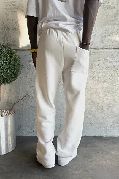 MADZEYMODA Men's Baggy Fit 3 Thread Ş Fleece-Lined White Sweatpants Ke-7030