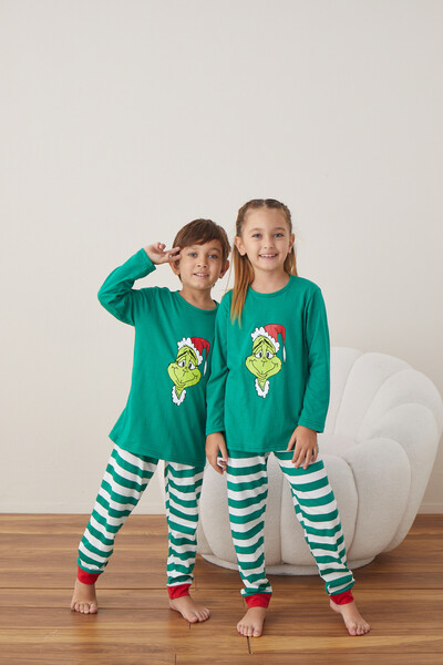 Serena Children's Christmas pajamas, green blouse and green-white striped pants, "Grinch" print