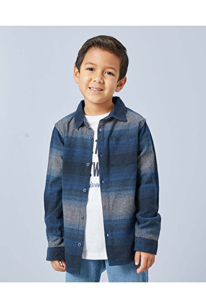 REDTAG Boys Navy And White Flannel Checkered Shirt With T-Shirt