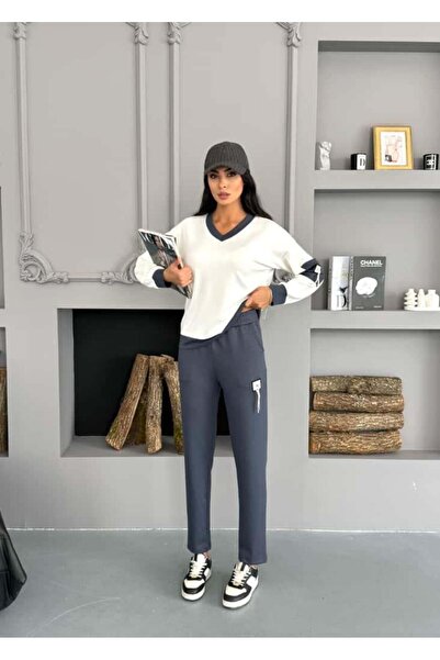 Elaxi Women's Embroidered Modal Fabric V-Neck T-Shirt Pants Two-Piece Set