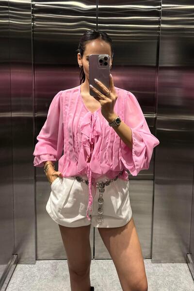 Nazliye Toz Pembe Bağlama Detay Şifon Gömlek