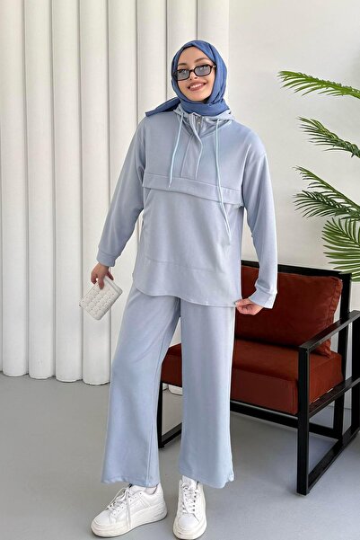 Modaensarbutik Kanguru Cepli Fermuarlı Pantolonlu Tesettür Takım-BEBE MAVİ