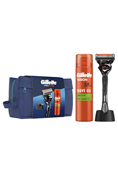 Gillette Set cadou ProGlide: Aparat de ras + Gel de ras Fusion Ultra Sensitive 200 ml + Suport pentru aparat de ras + Set de călătorie