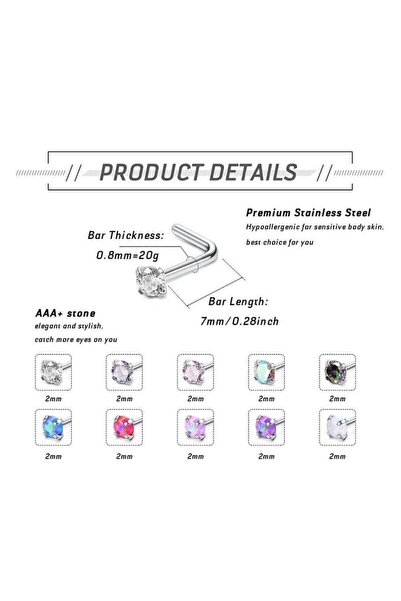 Generic 20G Titanium Nose Studs Set - Elegant Opal CZ L-Shaped Nose Rings for Women's Nostril Piercing Jewel