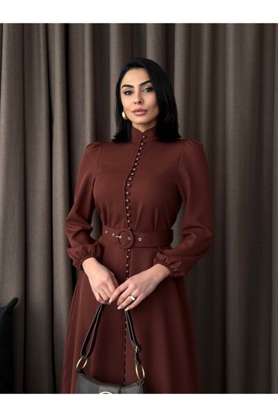 MSN Atlas Fabric Dress with Front Belt (Including Belt) Brown -2511