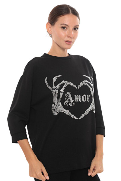 SETRİCA Модална прекалено голяма блуза за жени с бродерия от камъни Сваровски и надпис AMOR в черно, от материя, която не се разнищва