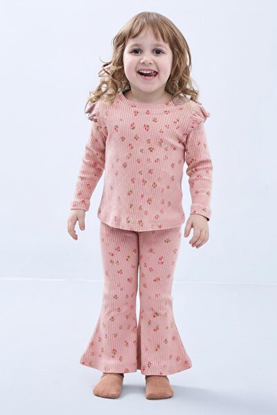 Perendi Girl's Ruffle Sleeve Floral Corded Fabric Set – Powder