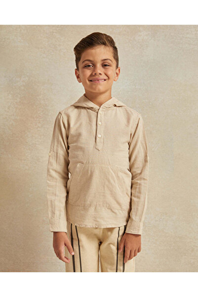 REDTAG قميص كتان بيج بأكمام طويلة بغطاء رأس