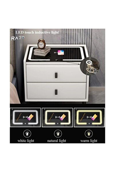 Razo Smart Nightstand — Touch LED, Wireless & USB Charging, Bluetooth Speaker, 2 Drawers, White