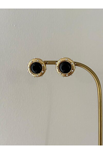 marsel aksesuar Black Pearl Detail Round Gold Steel Earrings