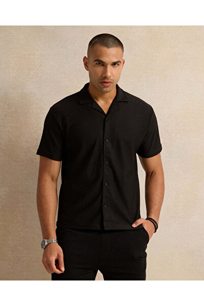 REDTAG Men Black Jacquard Short Sleeve Shirt