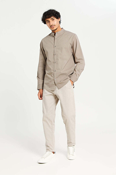 REDTAG Men Beige Mandarin Collar Long Sleeve Shirt