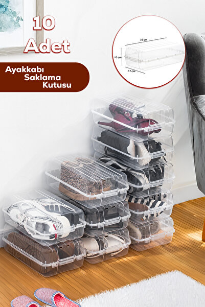 Buclee 10 Adet Şeffaf Ayakkabı Saklama Kutusu Kapaklı Geçmeli Düzenleyici Aya...