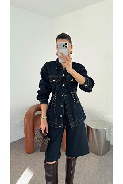 HAZELANNA تصميم سترة من الدنيم الداكن