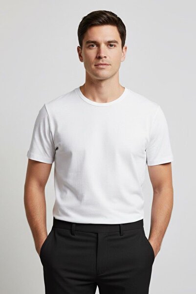 Sabri Özel BİSİKLET YAKA ERKEK T-SHIRT Beyaz