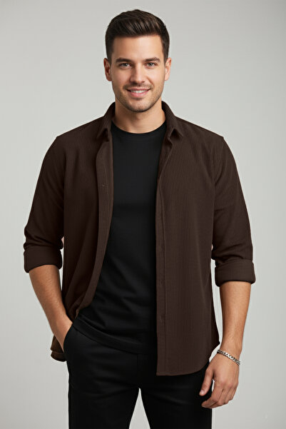 DeepSEA Men's Brown Velvet Corded Fabric Relaxed Fit Shirt Soft Textured Stretch Fabric Velvet Shirt 2600758