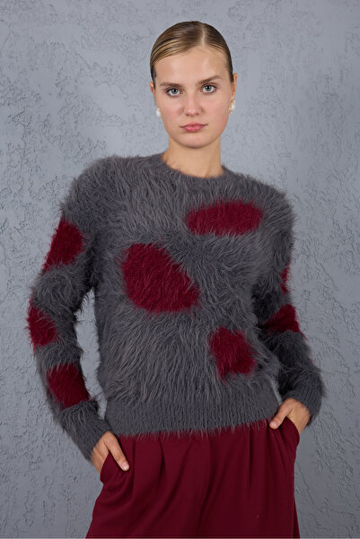 Moda Days Smoked Burgundy Beard Yarn Patterned Crew Neck Knitwear Sweater