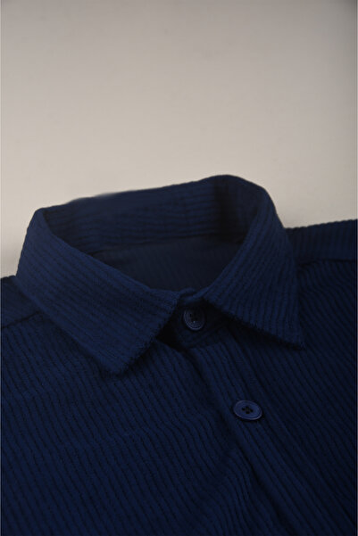 DeepSEA Ανδρικό πουκάμισο Navy Blue Velvet κοτλέ Relaxed Fit Πουκάμισο με απαλή υφή ελαστικό ύφασμα Velvet Shirt 2600758