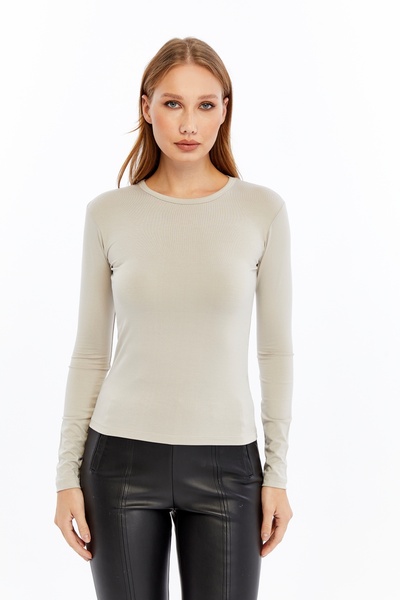 LAENT Women's Stone Color Round Neck Long Sleeve Blouse