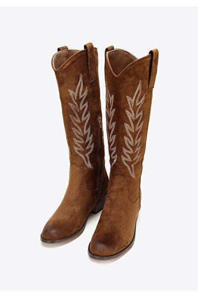 Wittchen Women's cowboy boots with contrast embroidery, high brown, brown synthetic material