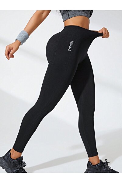Choice بنطال رياضي نسائي أسود عالي الخصر لليوغا، مزين بحروف، بدون خياطة، مطاطي للغاية، يرفع المؤخرة، يسمح بمرور الهواء
